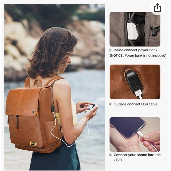 LXY Vegan Leather Bookbag W/USB Charging Port. Vintage W/drawstring Closure - Picture 5 of 10